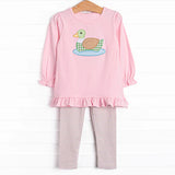 Pink long sleeves duck ruffle top stripe leggings girls clothes