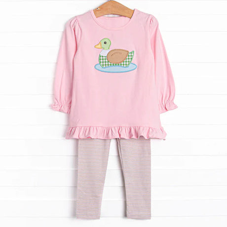 Pink long sleeves duck ruffle top stripe leggings girls clothes
