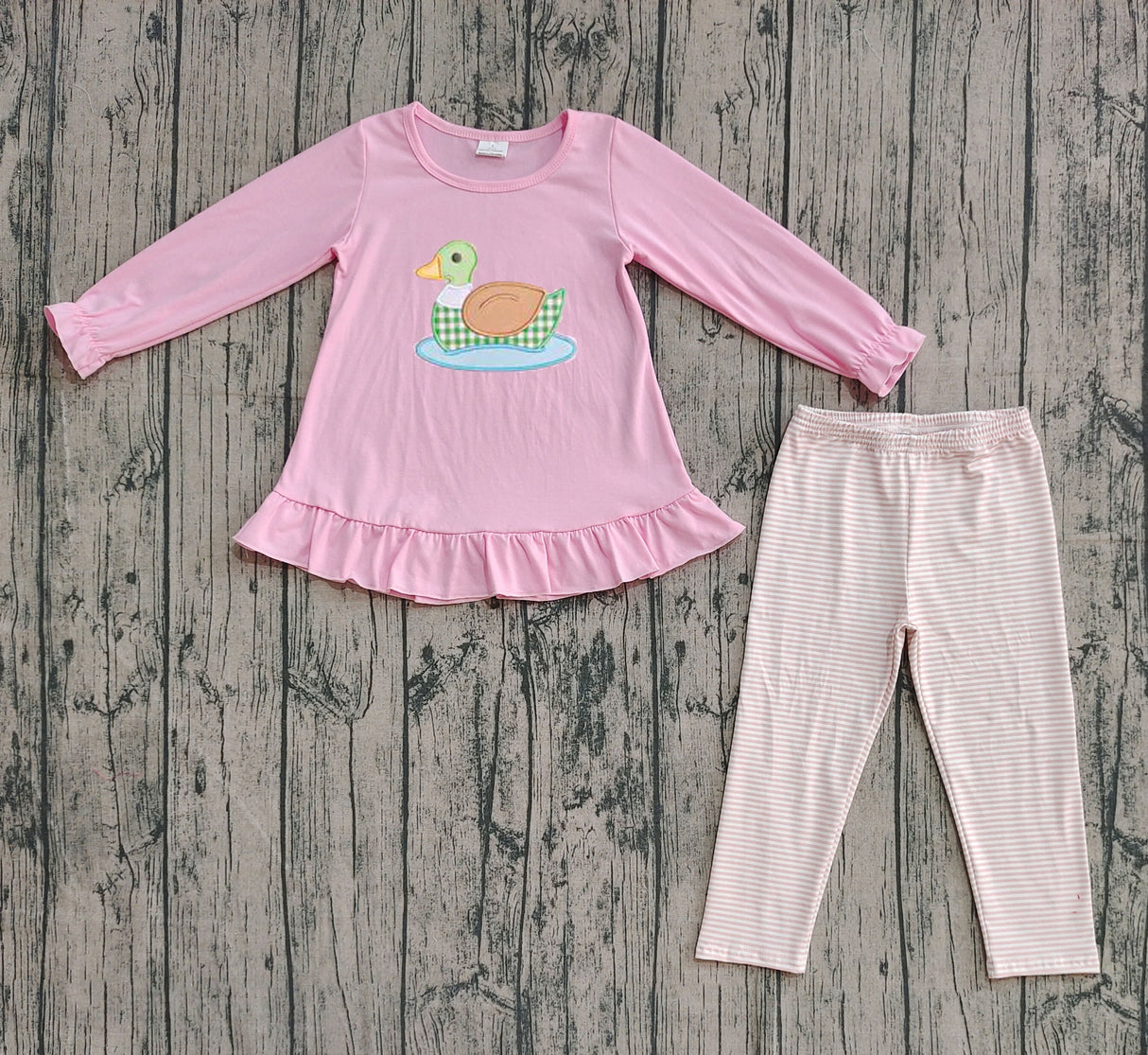 Pink long sleeves duck ruffle top stripe leggings girls clothes
