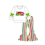 Merry Christmas green face bow white top jeans girls clothing
