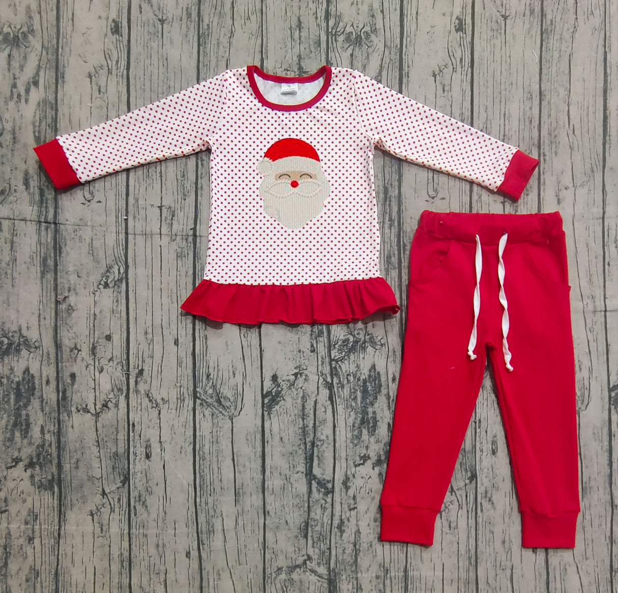 Polka dots santa red pants kids girls Christmas outfits