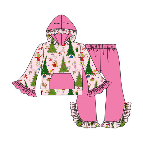 Christmas tree green face hoodie pants girls clothing set