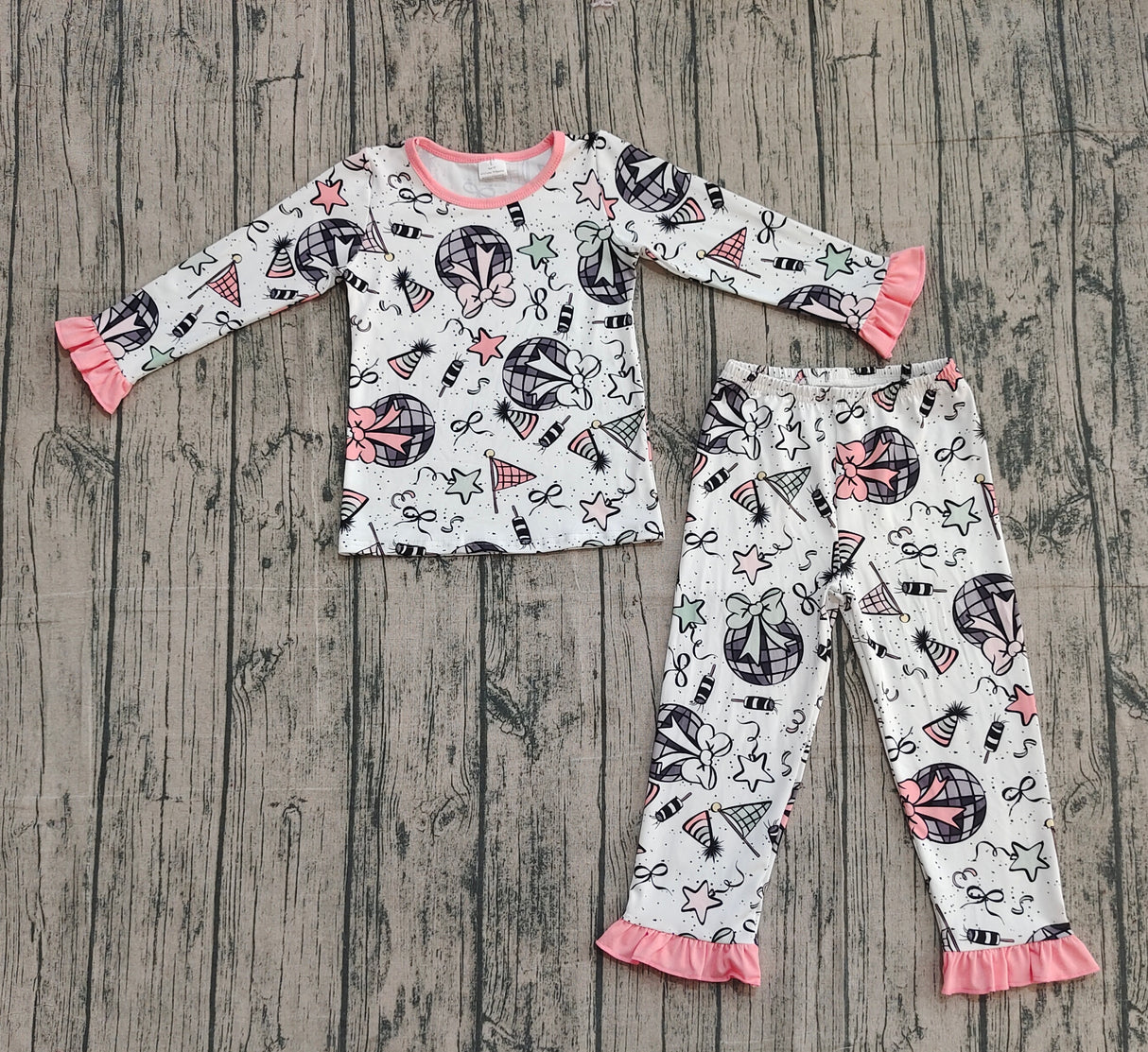 Long sleeves ruffle bow girls Happy New Year pajamas