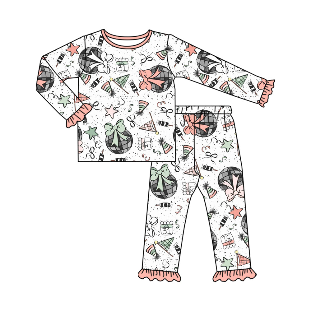 Long sleeves ruffle bow girls Happy New Year pajamas