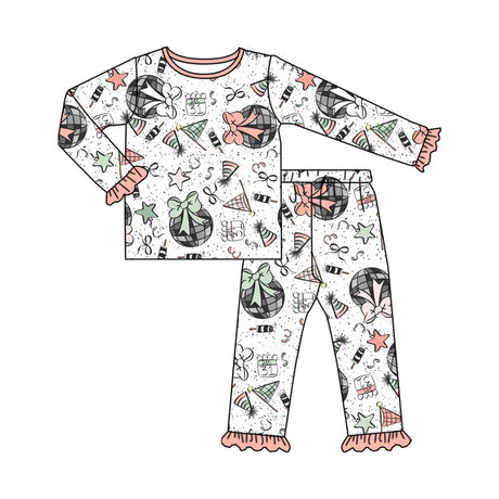 Long sleeves ruffle bow girls Happy New Year pajamas