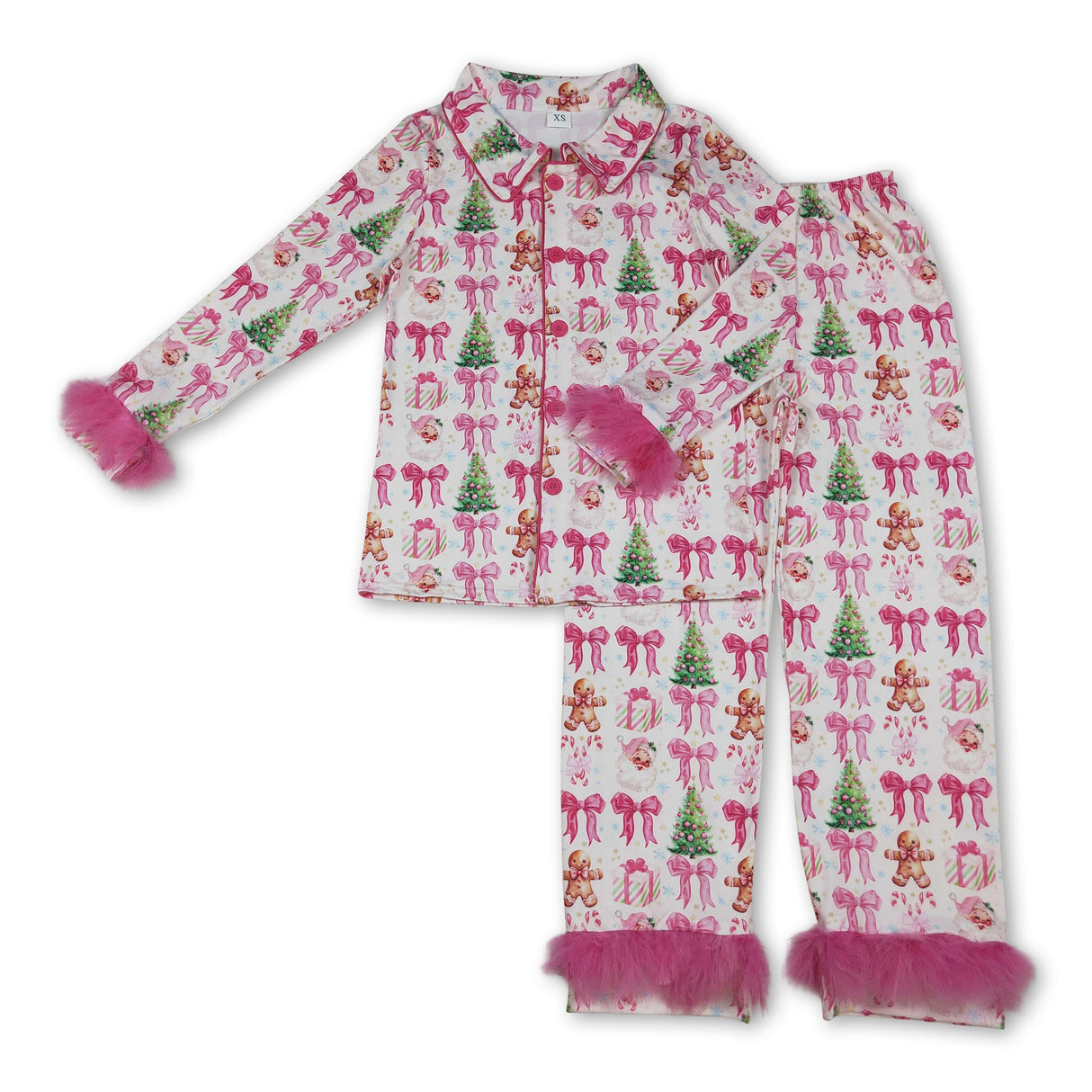 Candy cane bow fur women Christmas button down pajamas