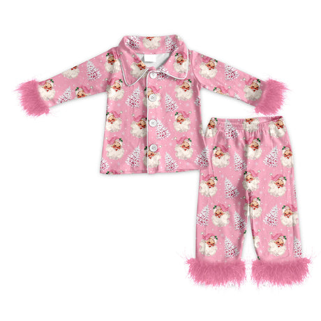 Christmas tree santa fur adult women button down pajamas