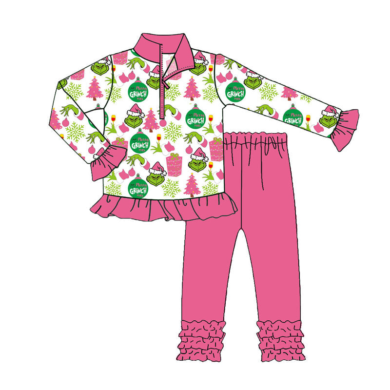 Gift green face zip pullover leggings girls Christmas pajamas