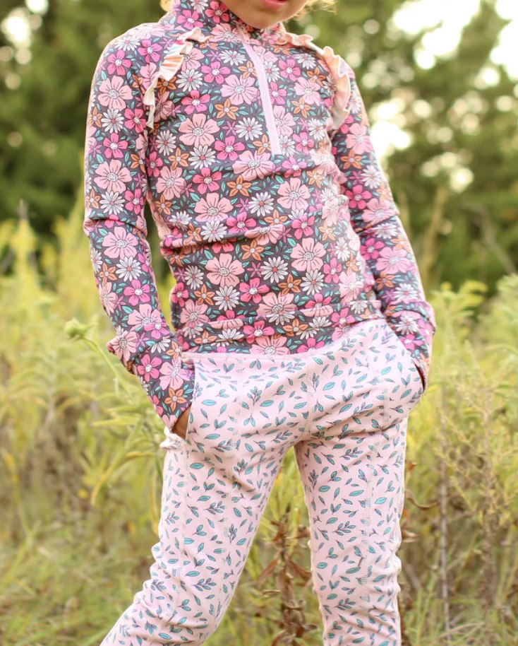 Floral zipper pullover leggings kids girls activewear set