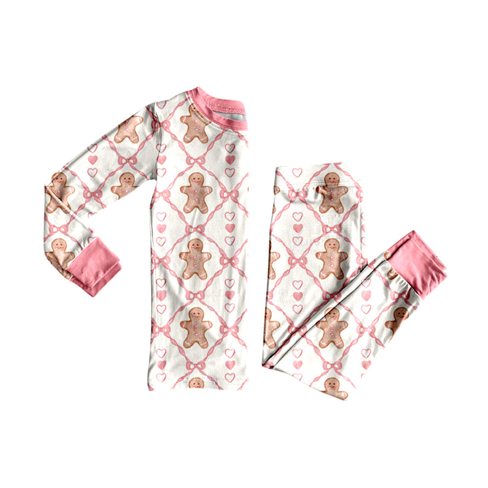 Pink bow heart gingerbread kids girls Christmas pajamas