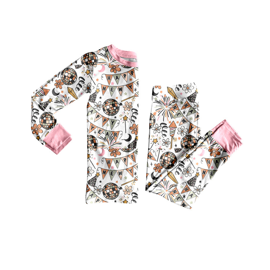 Long sleeves floral Happy New Year baby girls pajamas