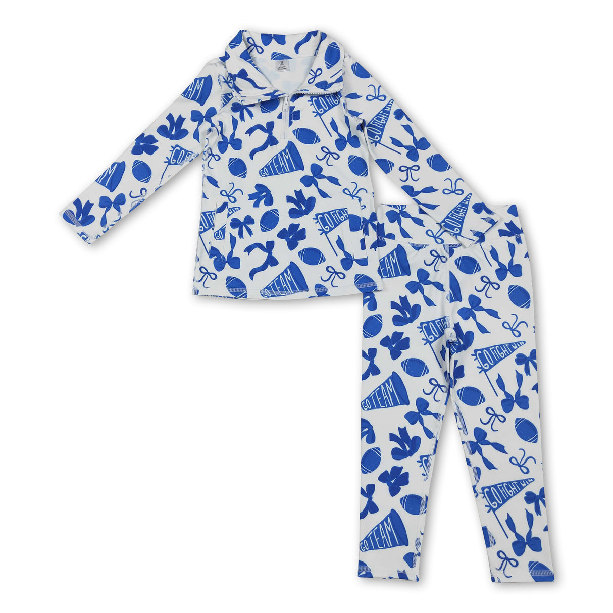 Blue bow football zipper jacket leggings girls team yoga set