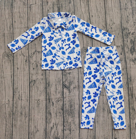 Blue bow football zipper jacket leggings girls team yoga set