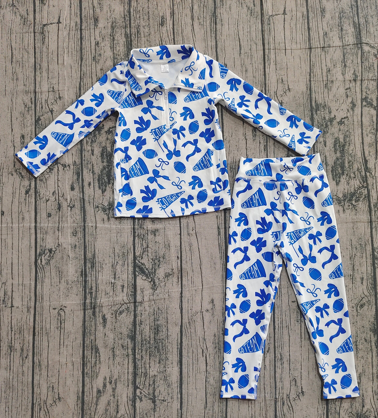 Blue bow football zipper jacket leggings girls team yoga set