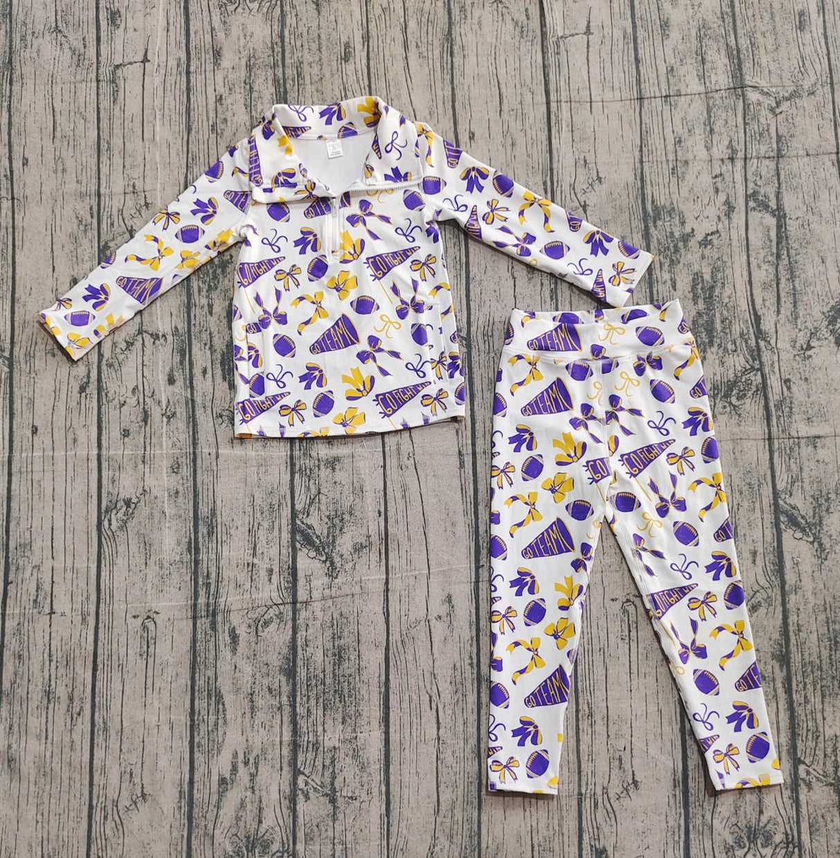 Purple bow football zipper jacket leggings girls team yoga set