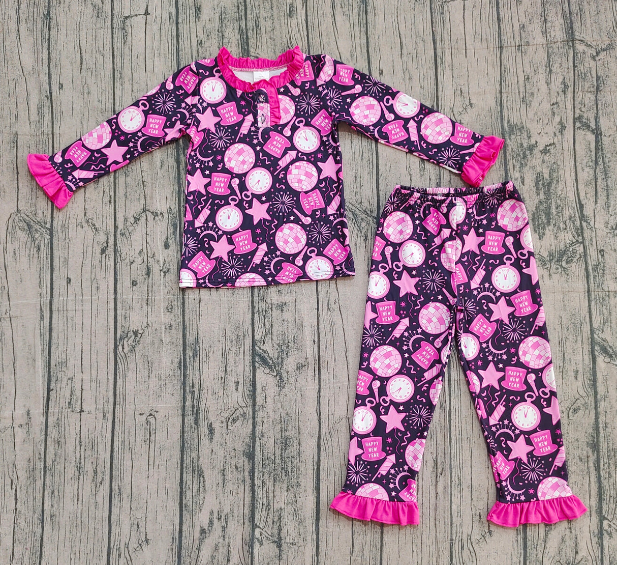 Pink stars clock Happy New Year baby girls pajamas