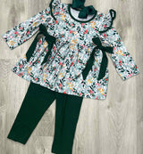 Long sleeves floral tunic dark green leggings girls clothing