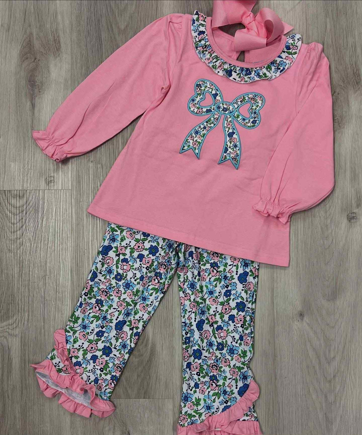 Long sleeves pink floral bow embroidery kids girls clothing