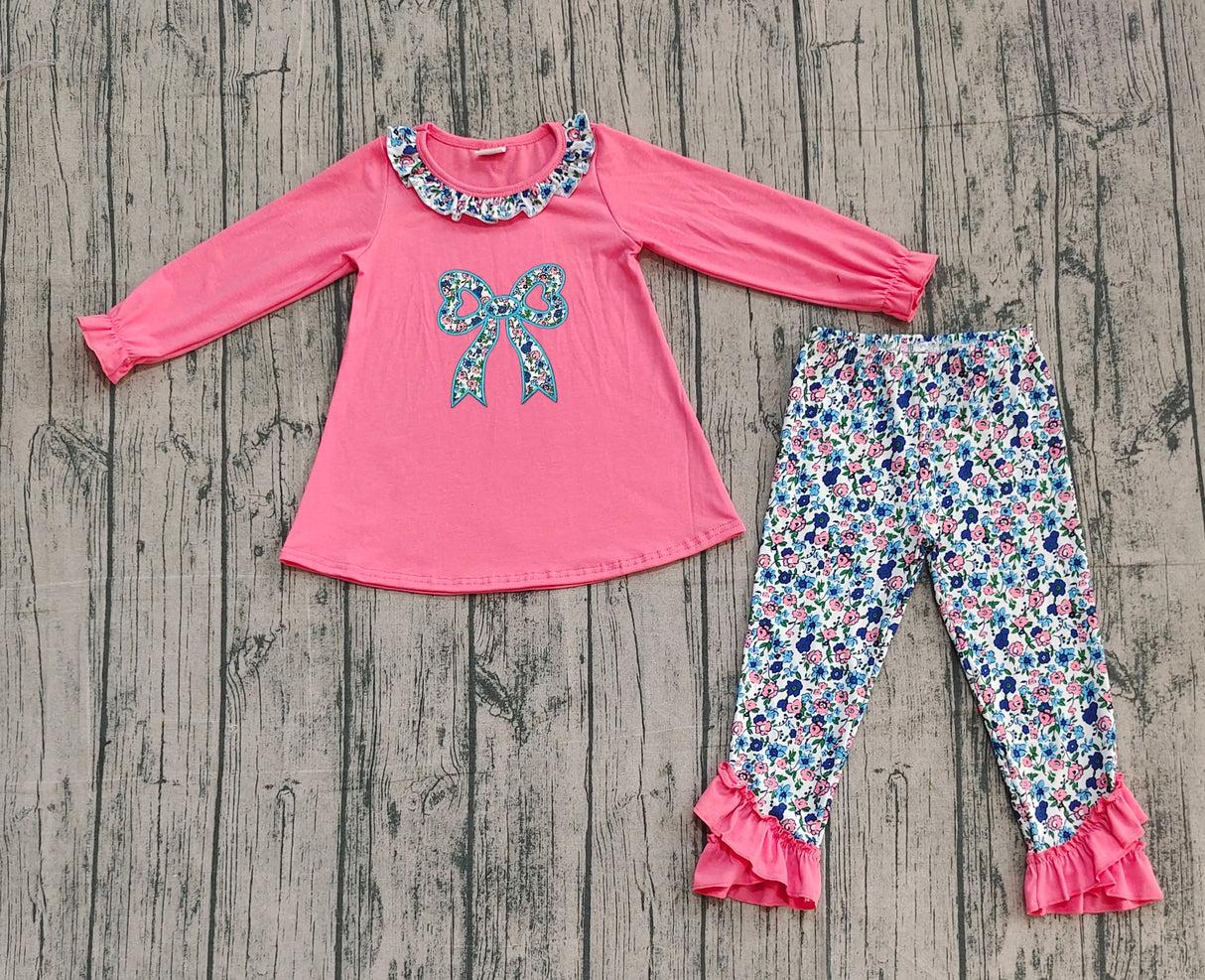 Long sleeves pink floral bow embroidery kids girls clothing