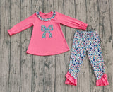 Long sleeves pink floral bow embroidery kids girls clothing