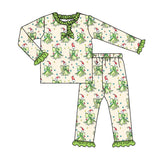 Long sleeves green face bows baby girls Christmas pajamas