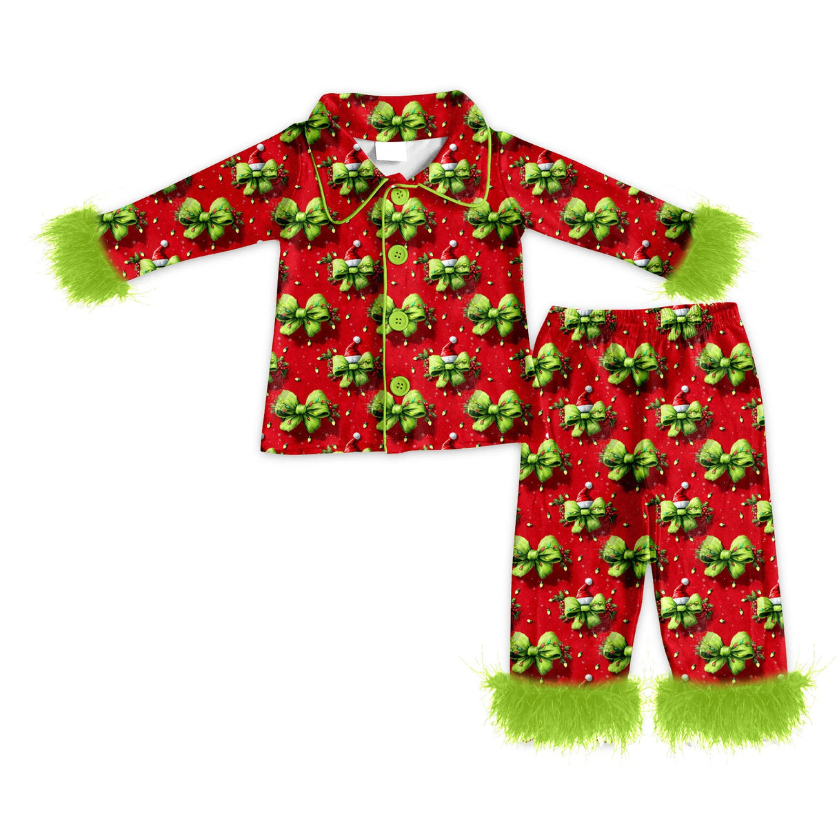 Fur sleeves green face bow women Christmas button down pjs