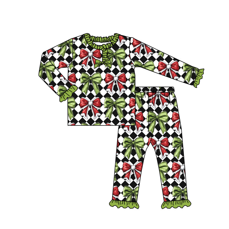 Long sleeves red green bows baby girls Christmas pajamas