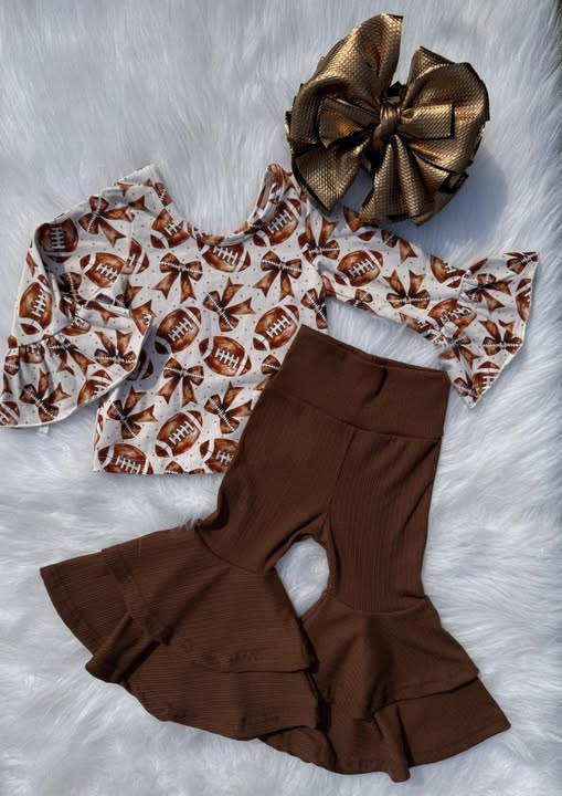Football bows top brown bell bottom pants girls clothing