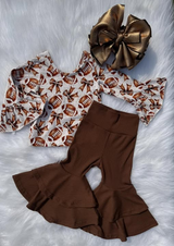 Football bows top brown bell bottom pants girls clothing