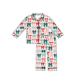Long sleeves red green bow girls Christmas button down pjs