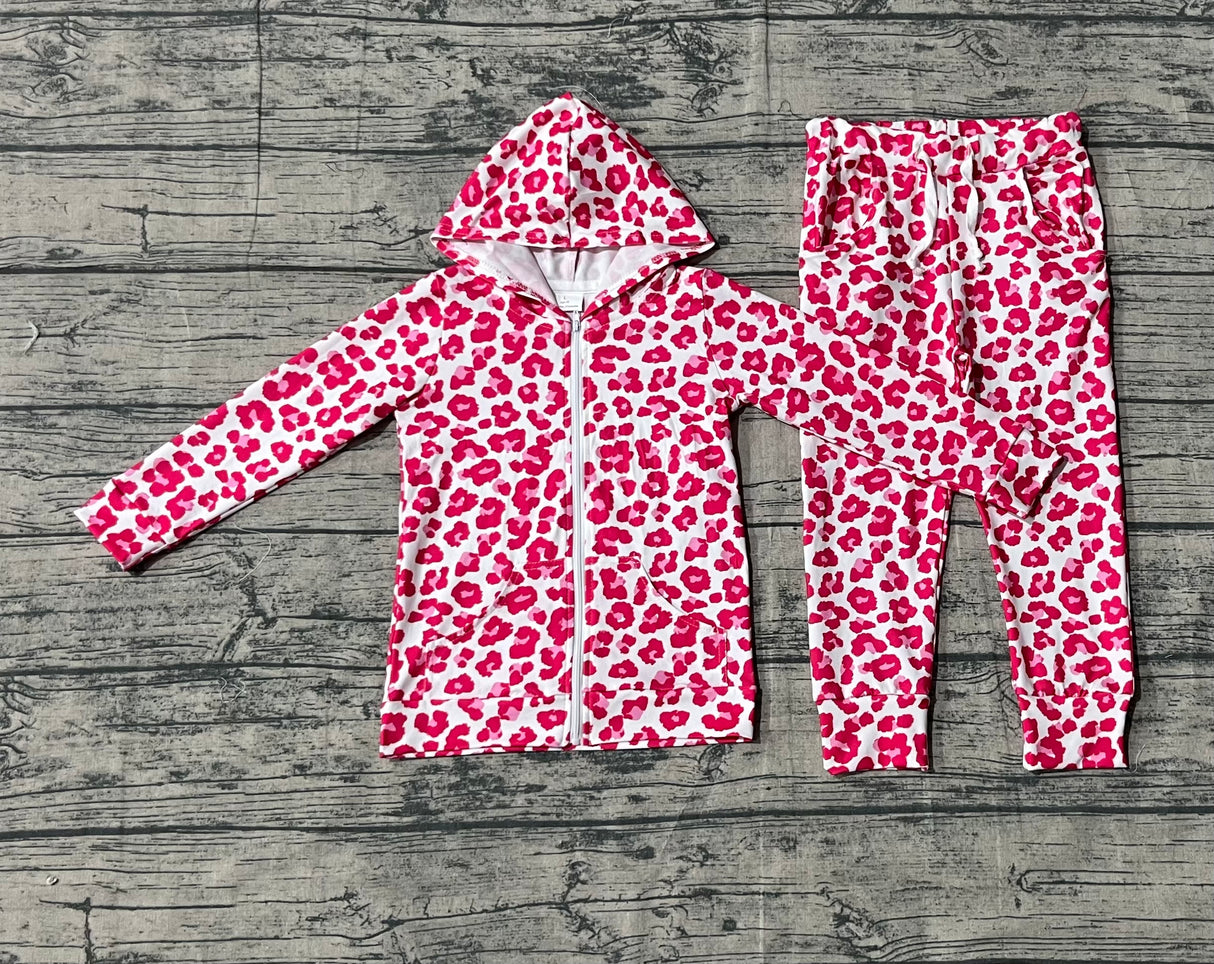 Pink leopard pocket zipper hooded jacket pants girls clothing