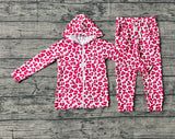 Pink leopard pocket zipper hooded jacket pants girls clothing