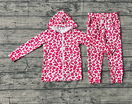Pink leopard pocket zipper hooded jacket pants girls clothing