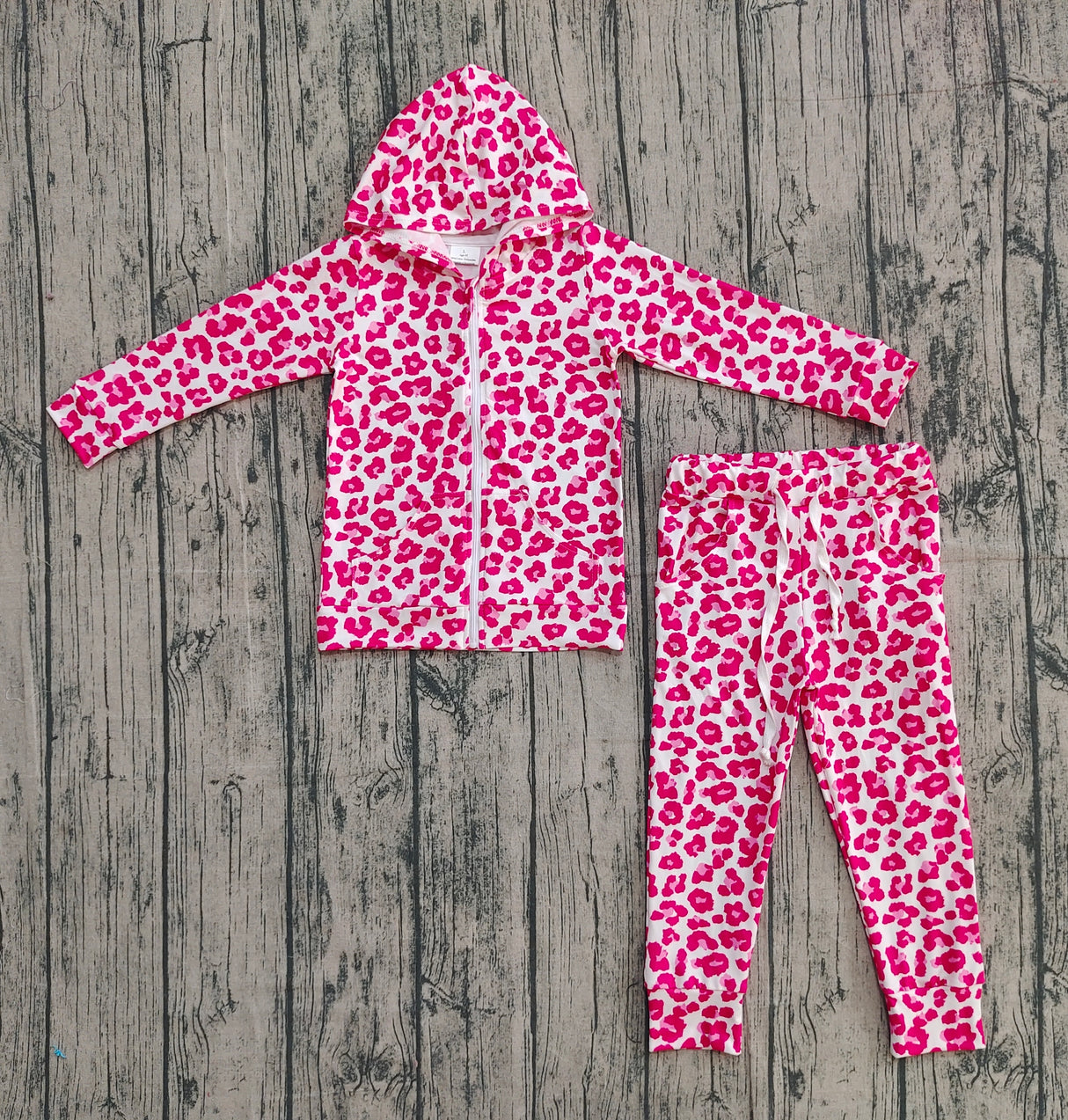 Pink leopard pocket zipper hooded jacket pants girls clothing