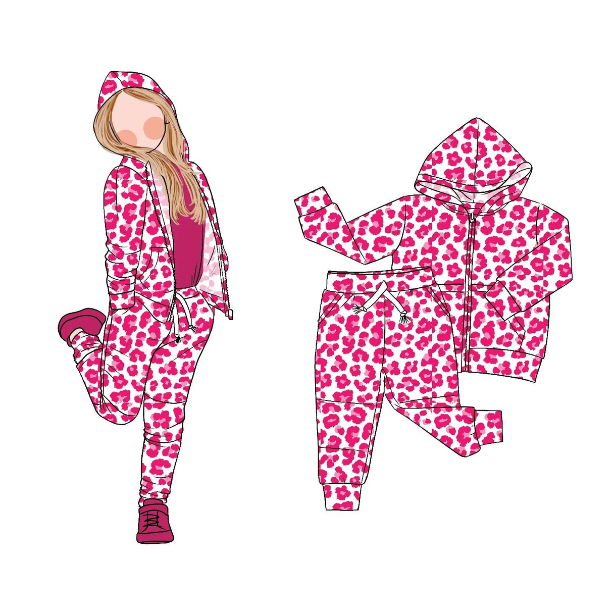 Pink leopard pocket zipper hooded jacket pants girls clothing