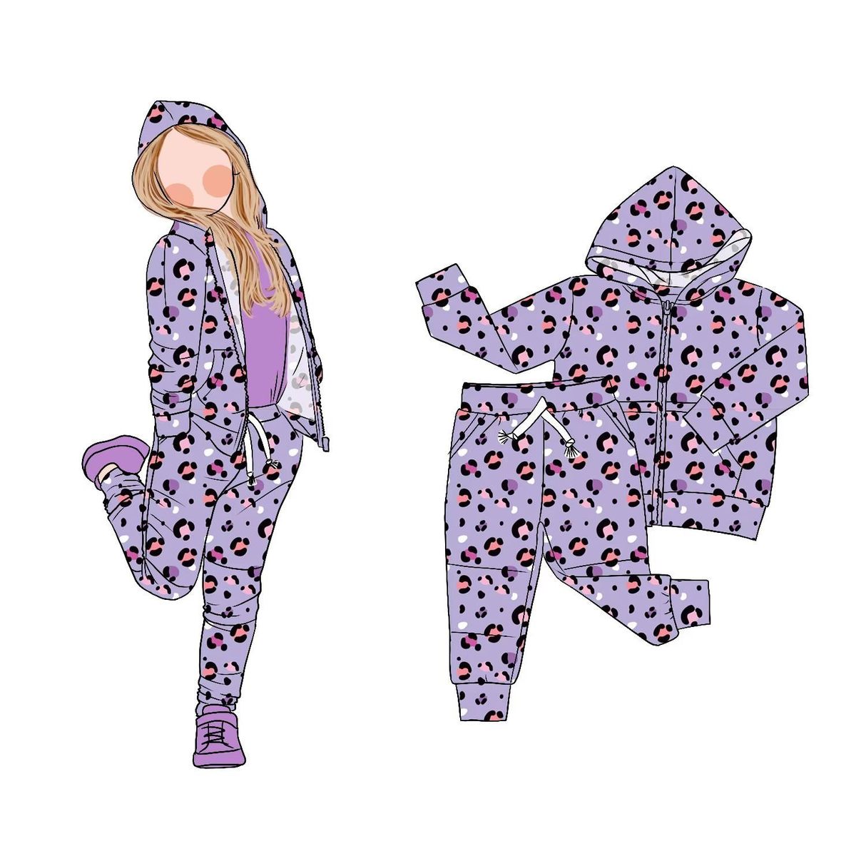 Lavender leopard pocket zipper hooded jacket pants girls clothes