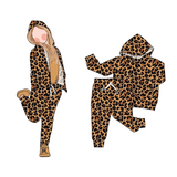 Brown leopard pocket zipper hooded jacket pants girls clothes