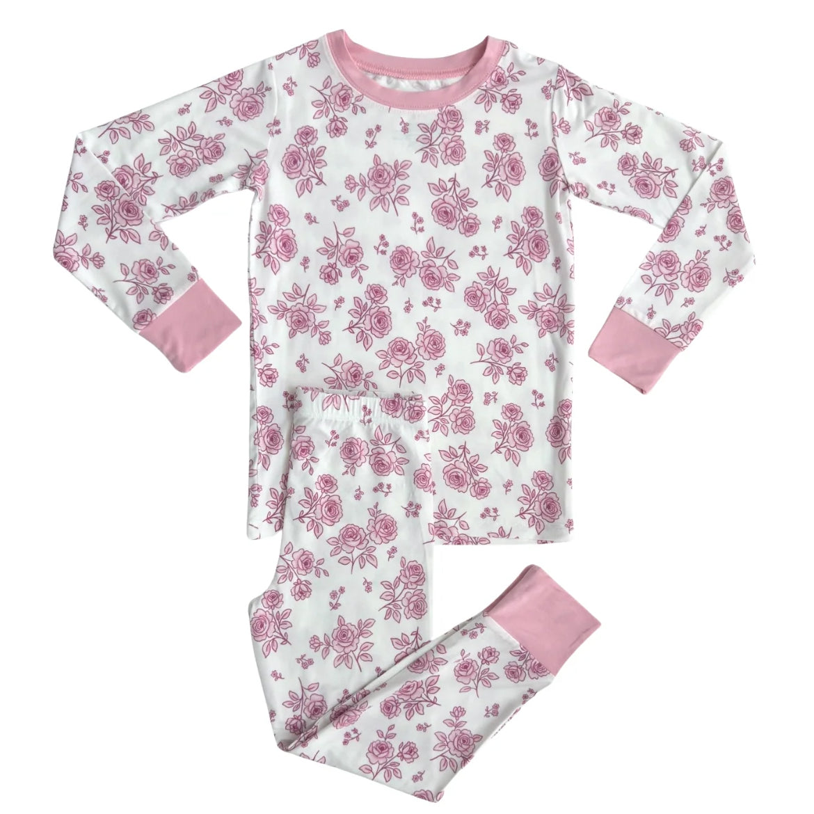 Long sleeves pink floral top pants kids girls pajamas