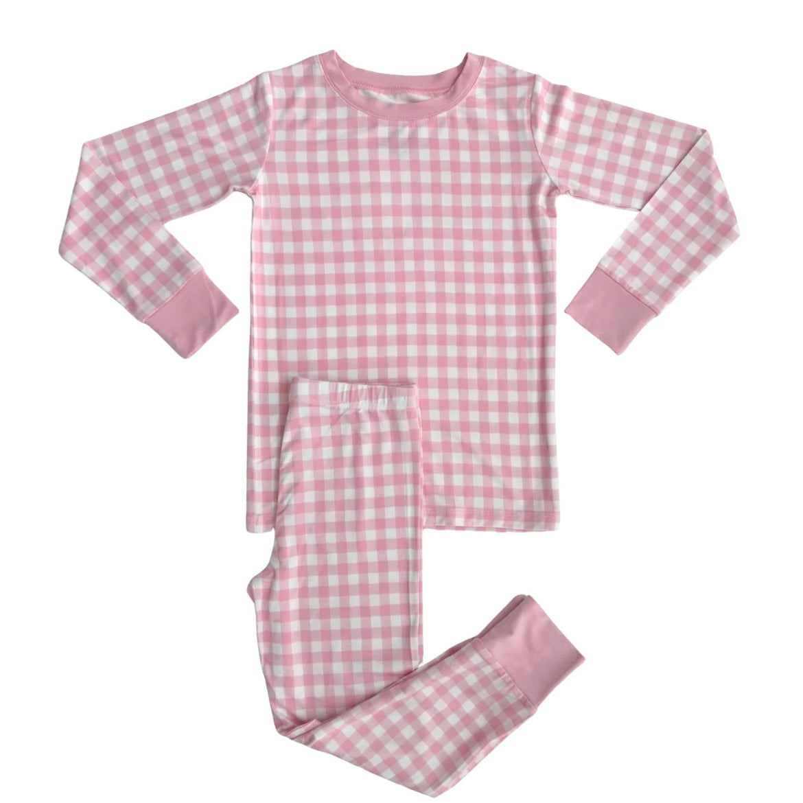Long sleeves pink plaid top pants kids girls pajamas