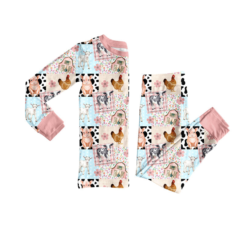 Long sleeves pig cow chicken floral girls farm pajamas