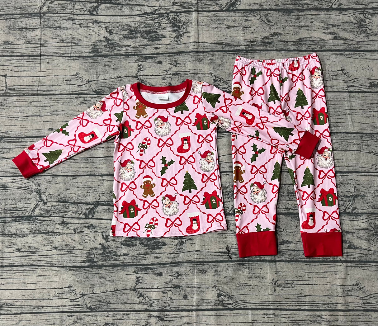 Pink santa gingerbread bow kids girls Christmas pajamas