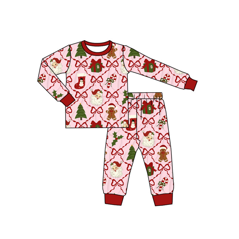Pink santa gingerbread bow kids girls Christmas pajamas