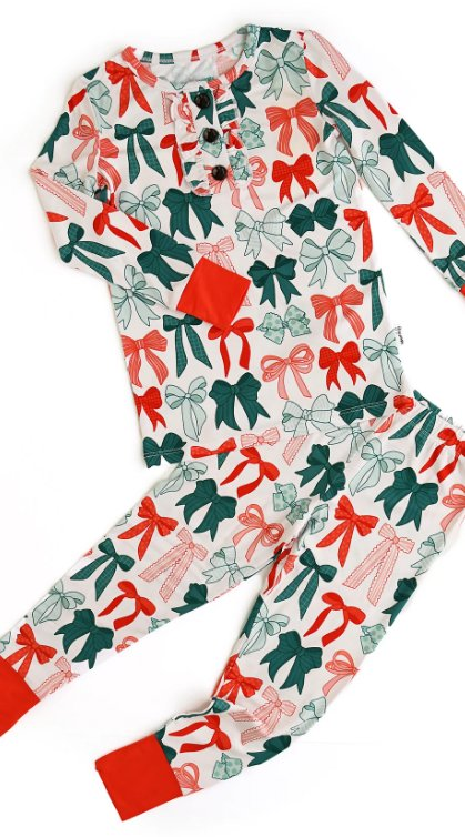 Long sleeves red green bows kids girls Christmas pajamas