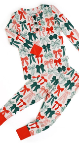 Long sleeves red green bows kids girls Christmas pajamas
