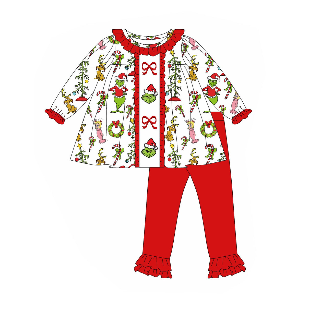 Red bow green face tunic pants girls Christmas clothes