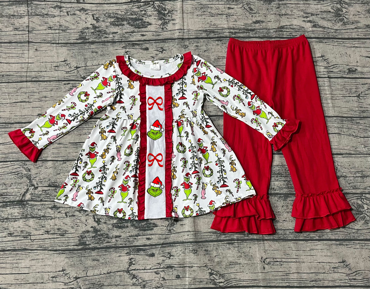 Red bow green face tunic pants girls Christmas clothes