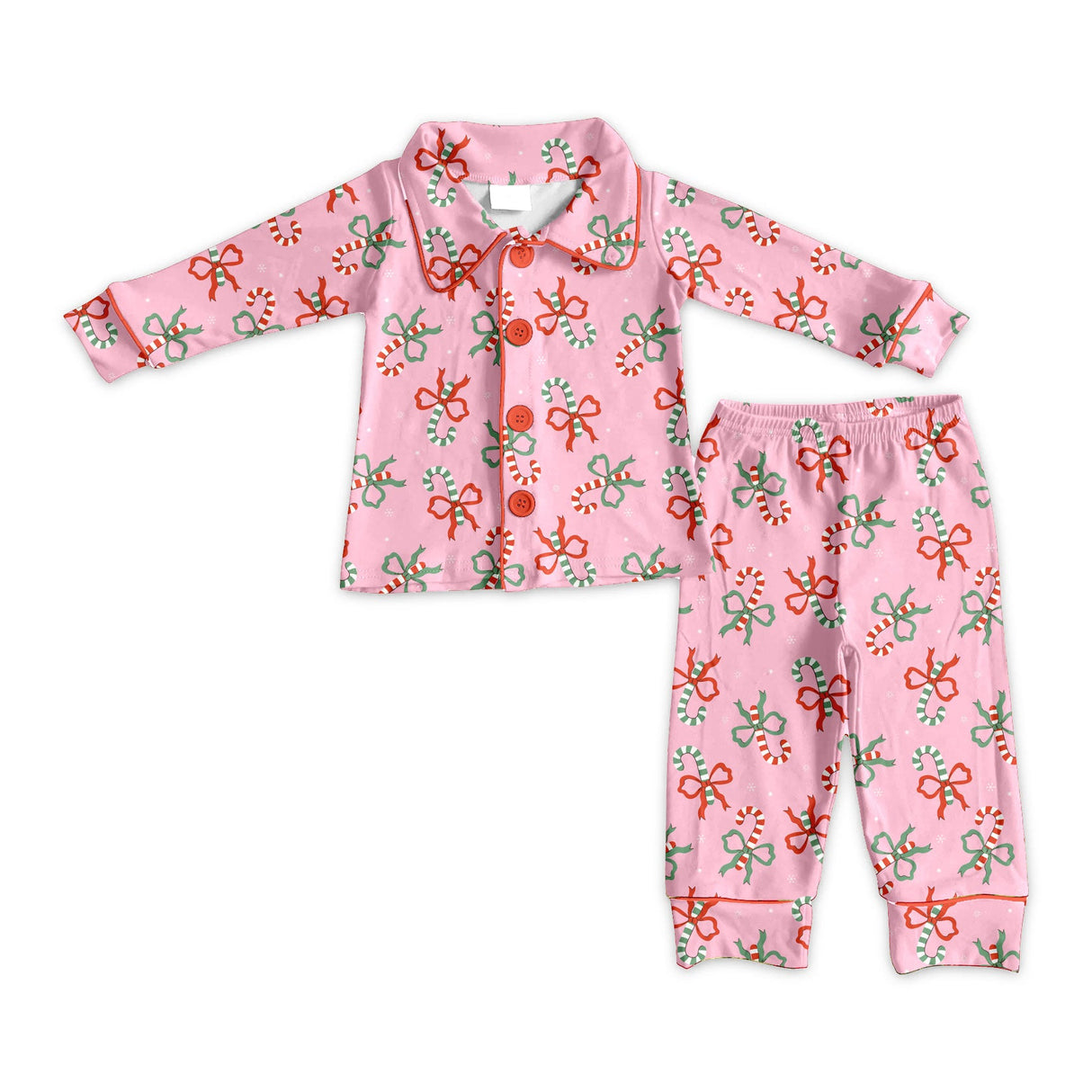 Candy cane bows kids girls Christmas button down pajamas