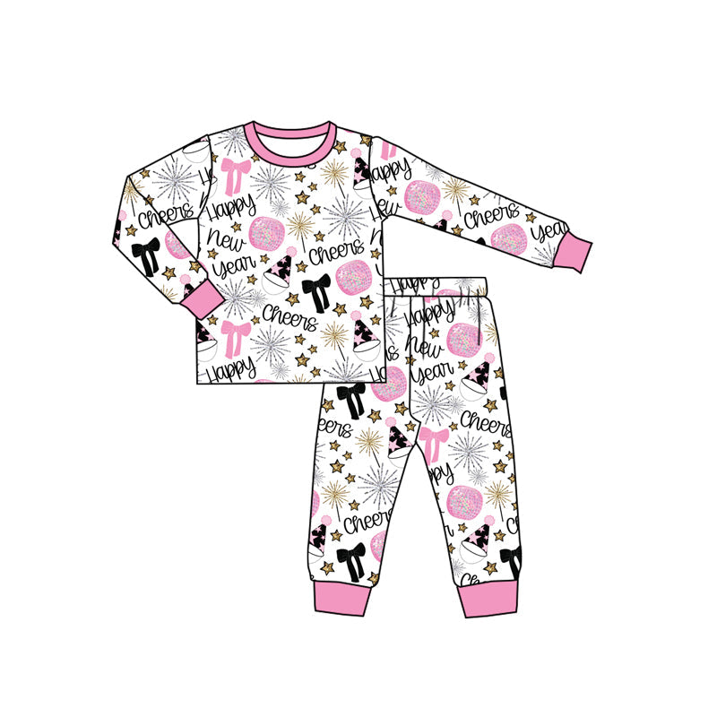 Pink bow Happy New Year top pants kids girls pajamas