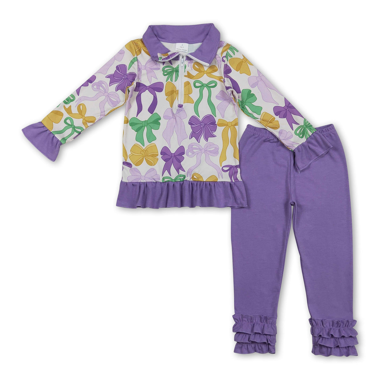 Purple green yellow bows pullover girls Mardi Gras set