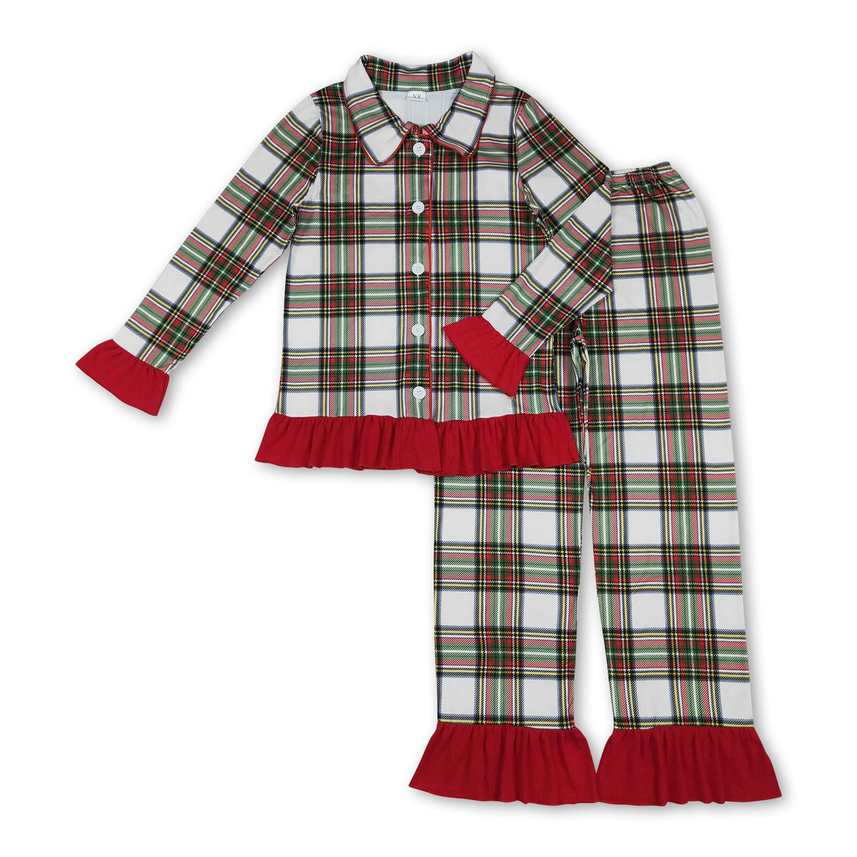 Ruffle red green plaid women button down Christmas pajamas